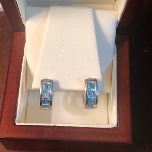 14k white gold blue topaz hoop earrings